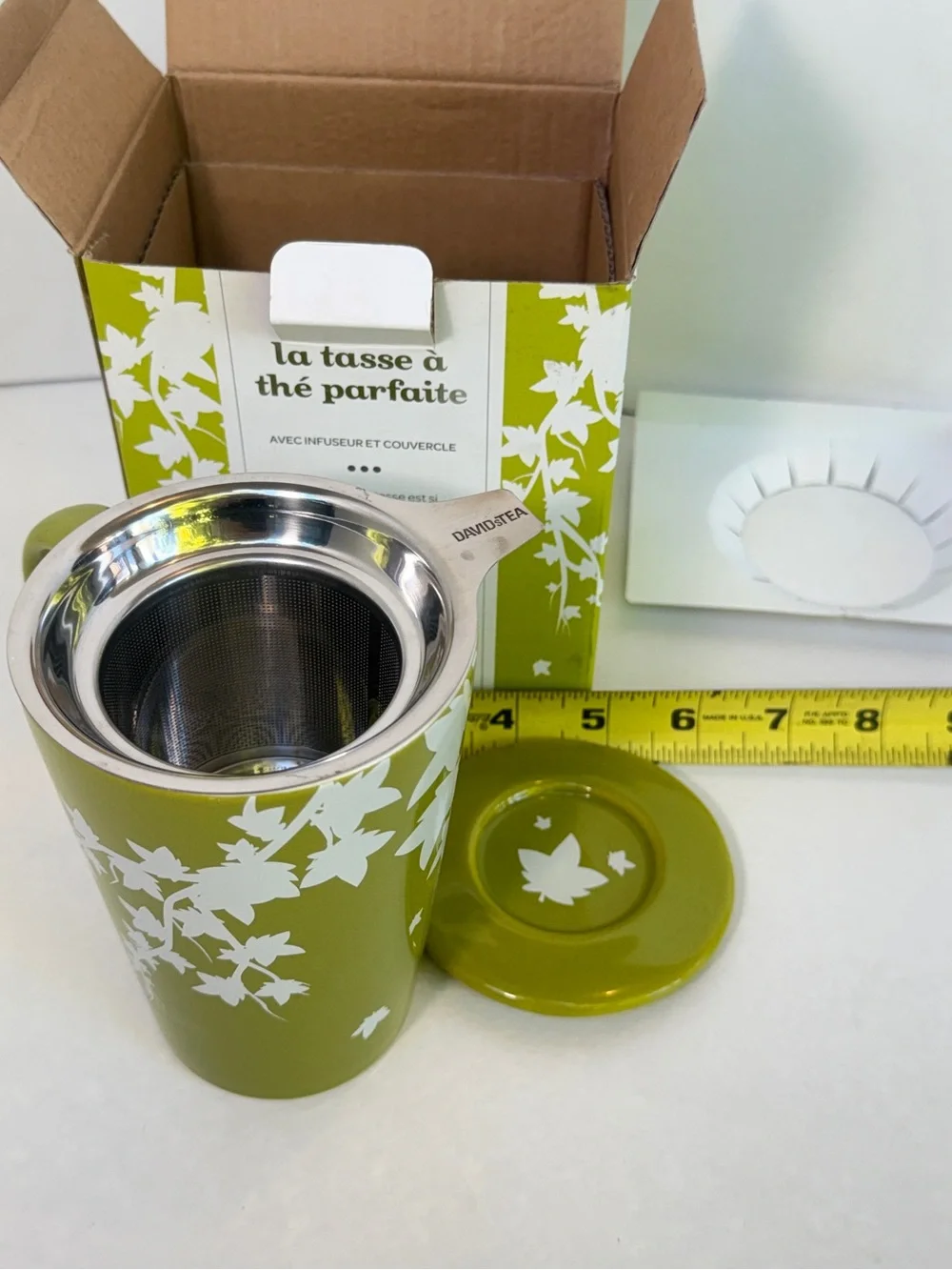 Davids Tea Perfect Mug, Apple Green, “Ivy” Pattern, Lid, Infuser, Box, Good